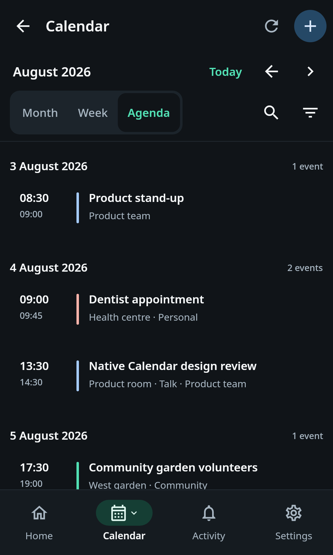nati.ve Android Calendar agenda with touch-sized event rows, times, locations, multiple calendar sources, and the create-event control