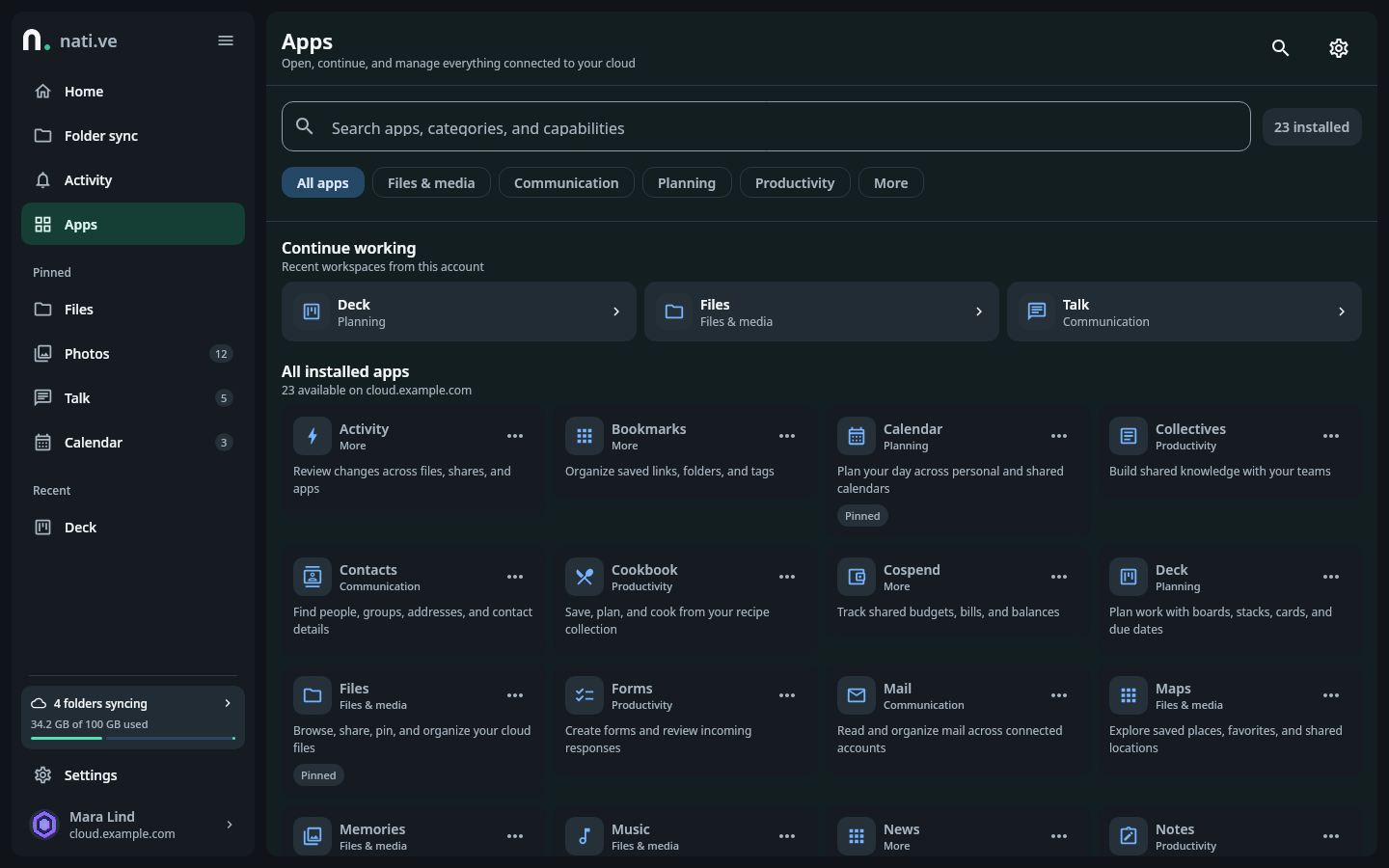 nati.ve desktop Apps workspace with pinned tools, recent work, categories, search, installed app cards, and the persistent sidebar