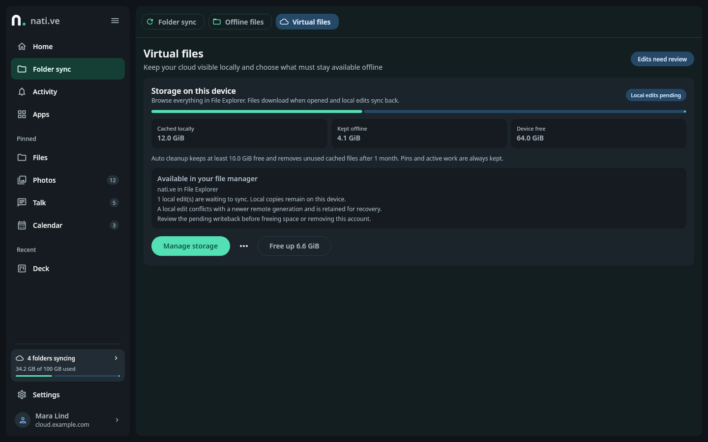 nati.ve Windows virtual-file recovery state showing pending writebacks, a newer remote generation conflict, retained local edits, and attention guidance